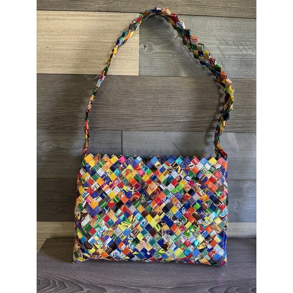 Handmade Woven Candy Wrapper Purse Recycled Upcycled Multicolor Bag 14x9